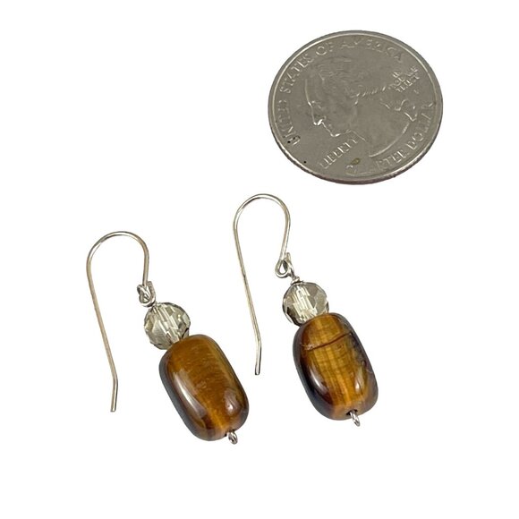 Tiger Eye & Crystal Bead Dangle Earrings With Silver Hooks - Picture 3 of 5